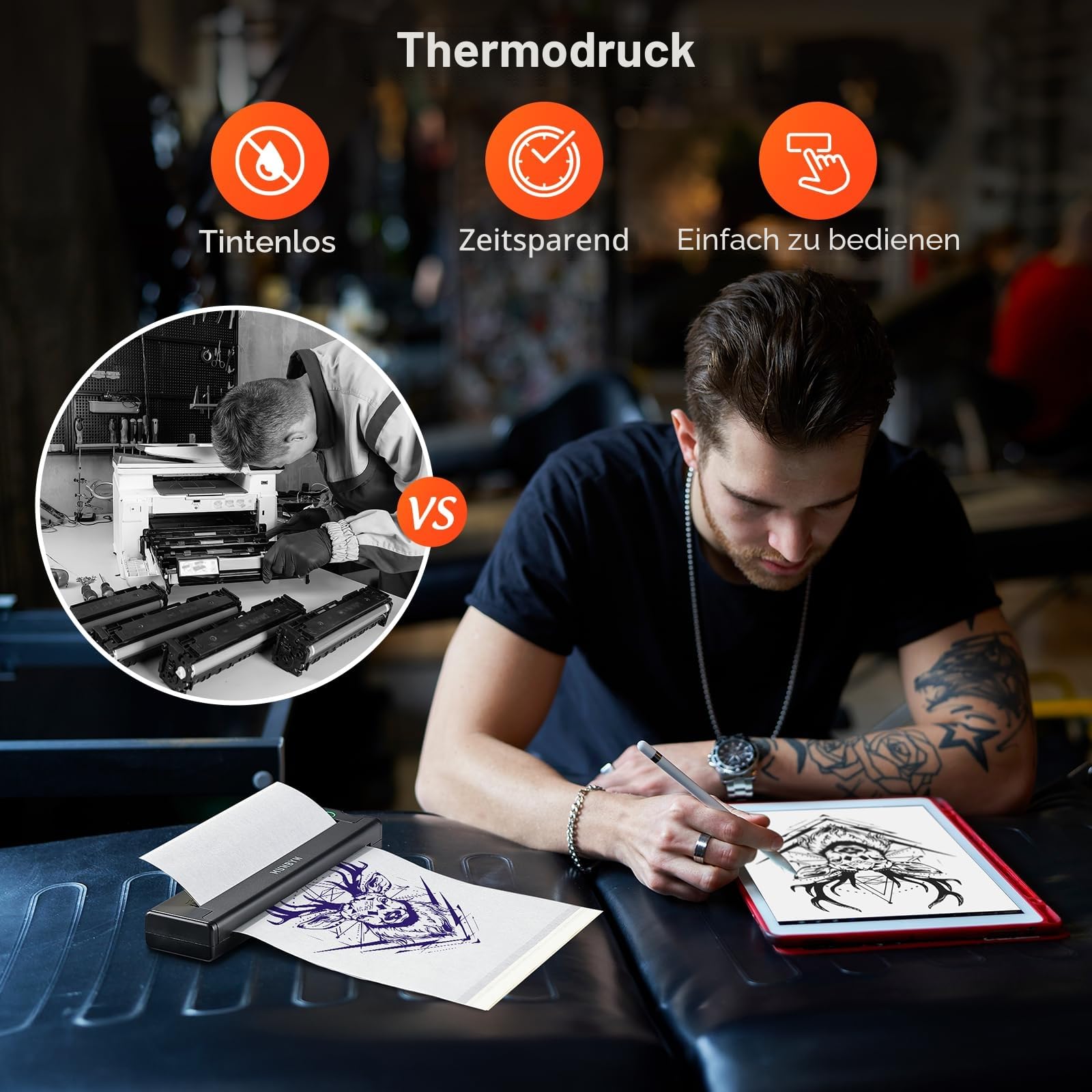 MUNBYN Tattoo Drucker Bluetooth, Stencil Drucker, Tattoo Printer Thermodrucker mit 20 Blatt A4 Transferpapier, Kompatibel mit Android iOS macOS Windows, ITP05, Schwarz