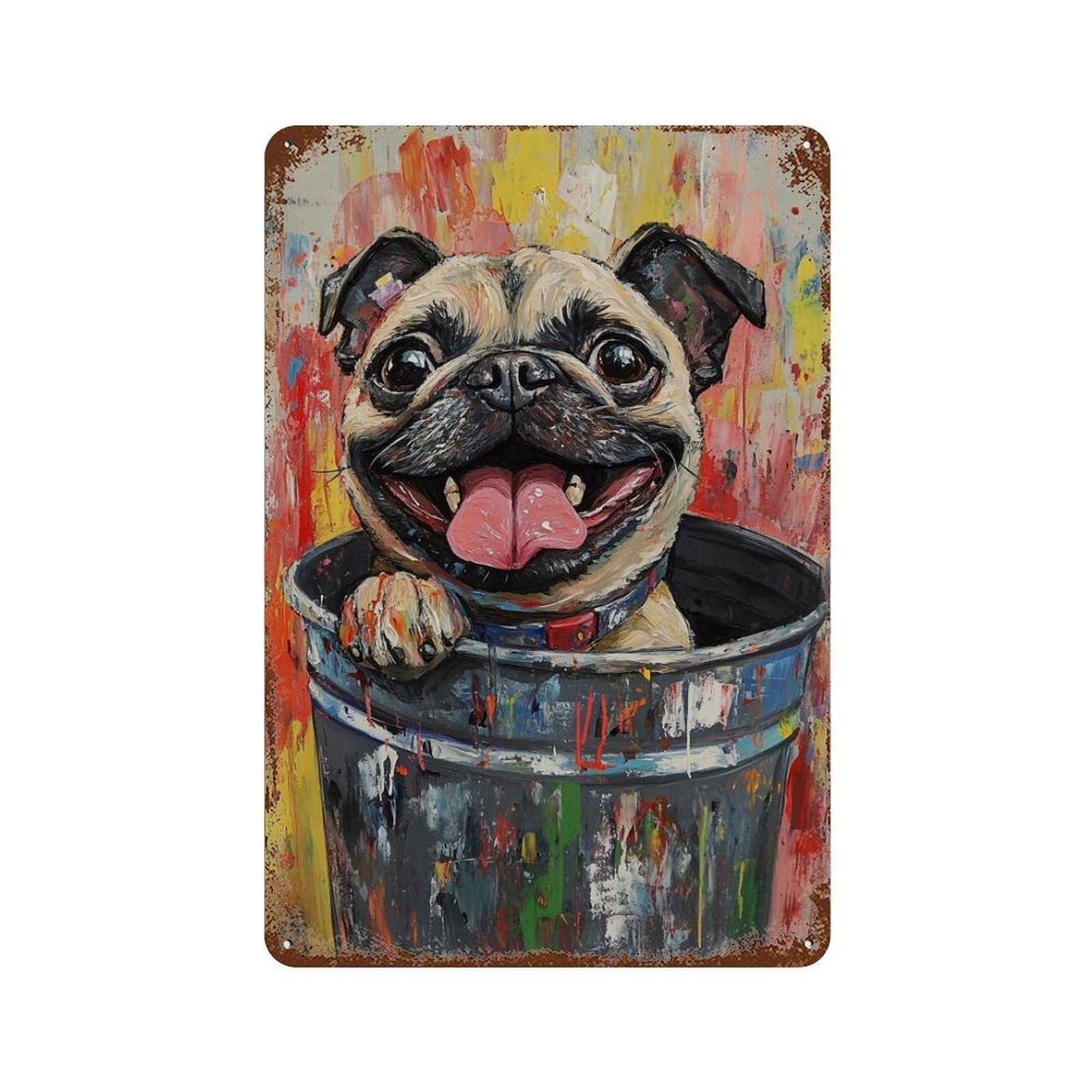Happy Pug in Trash Can -1 Distressed Metal Wall Sign 11.8"x7.9", Rustic Home Decor for Living Room, Hallway And Home Decor