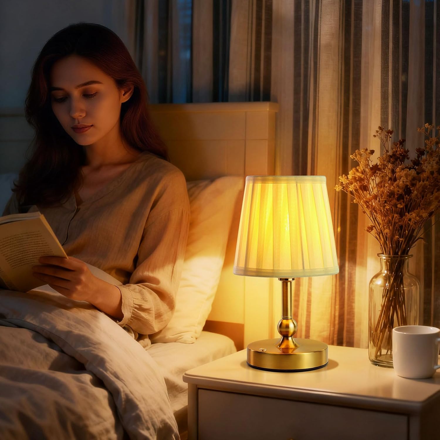Cordless LED Table Lamp with Dimmer - 5200mAh Rechargeable Battery Operated Lamp Included 2700K Bulb, Gold Portable Stepless Touch Night Light for Bedroom Patio Home (Pleated Fabric Shade)