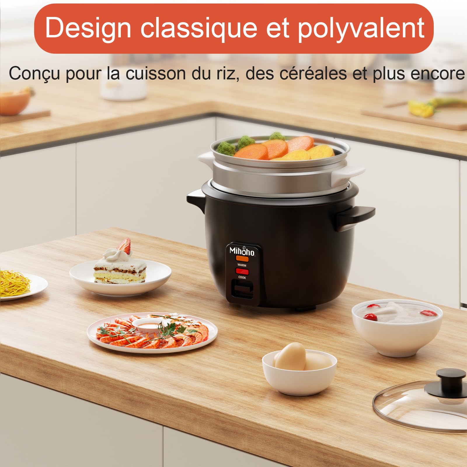 Cuiseur à riz, cuiseur à riz 1 L avec cuiseur vapeur, avec cuve intérieure antiadhésive pour préparer des soupes,des ragoûts,des céréales,des céréales,Conservation de la chaleur (noir K)