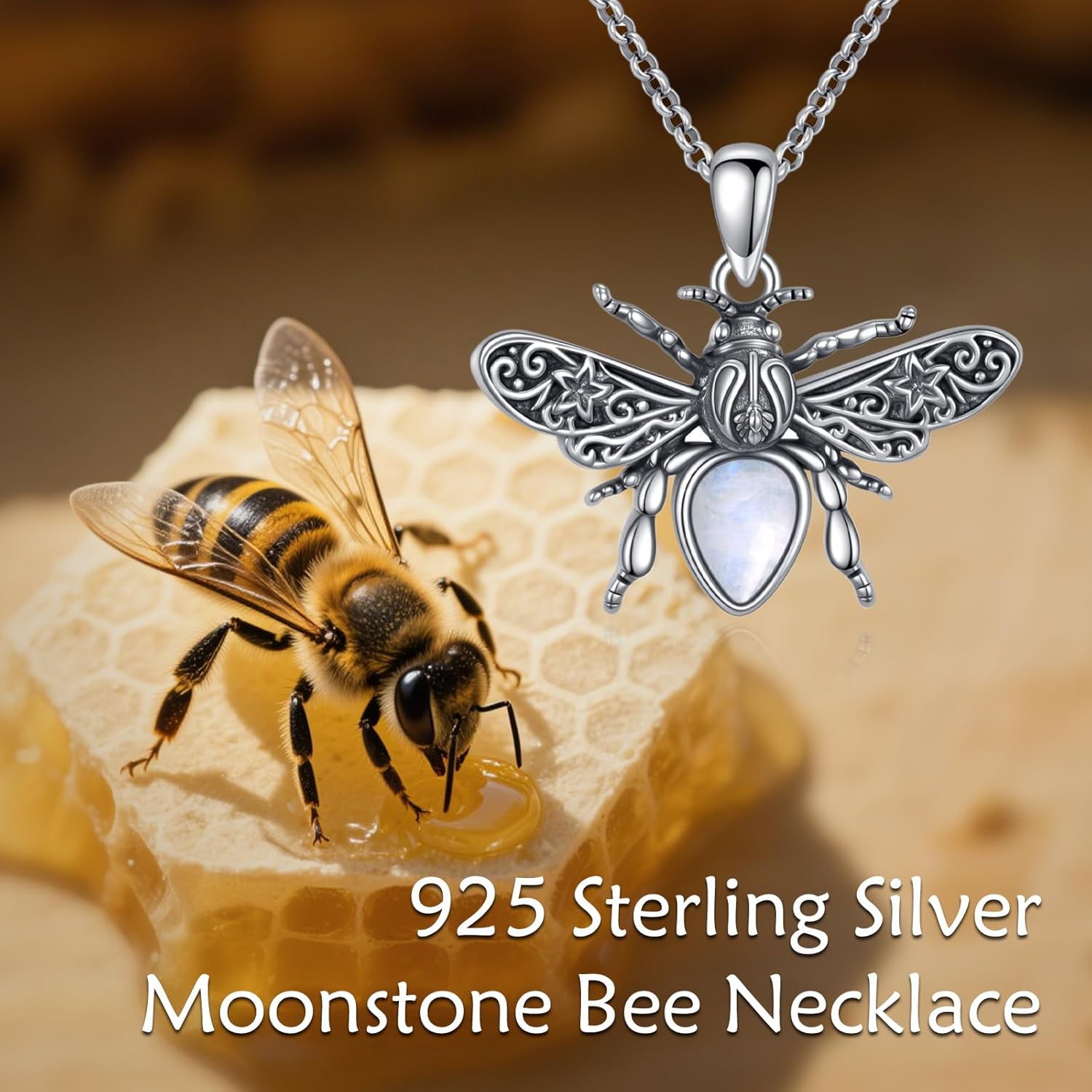 Bee Moonstone Necklace, 925 Sterling Silver Vintage Pendant with Natural Gemstone, Boho Hypoallergenic Jewelry Gift for Her - Image 6