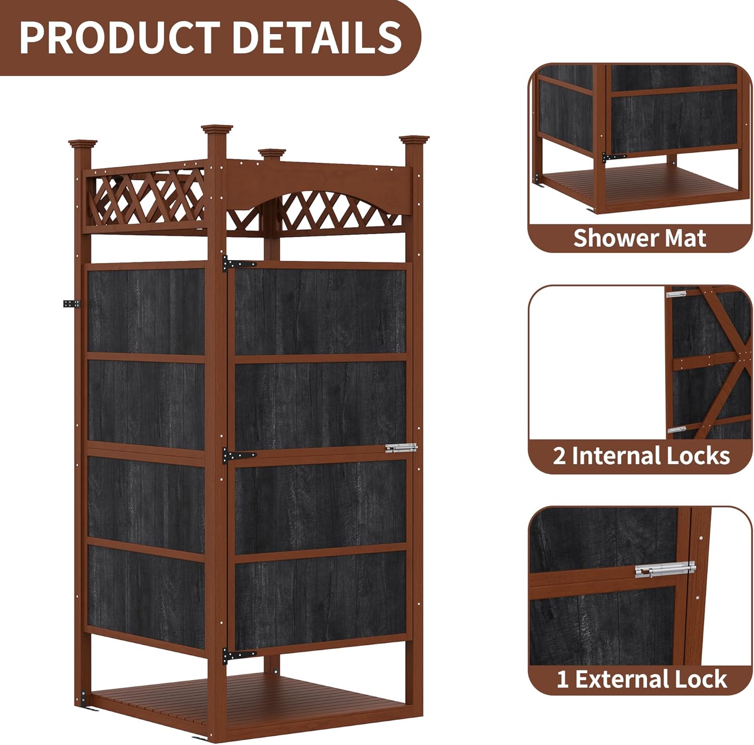 Outdoor Shower Enclosure with Shower Mat & Lockable Door, Solid Wood Privacy Outside Shower Stall, Outdoor Changing Room for Pool Wash Station, Patio or Beach Rinse Station