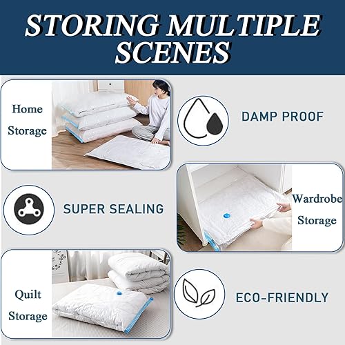 Miniatura 4 de Paquete de 8 bolsas de almacenamiento al vacío, bolsas ahorradoras de espacio (4 Jumbo/4 medianas/bomba de 1 mano), bolsas de almacenamiento