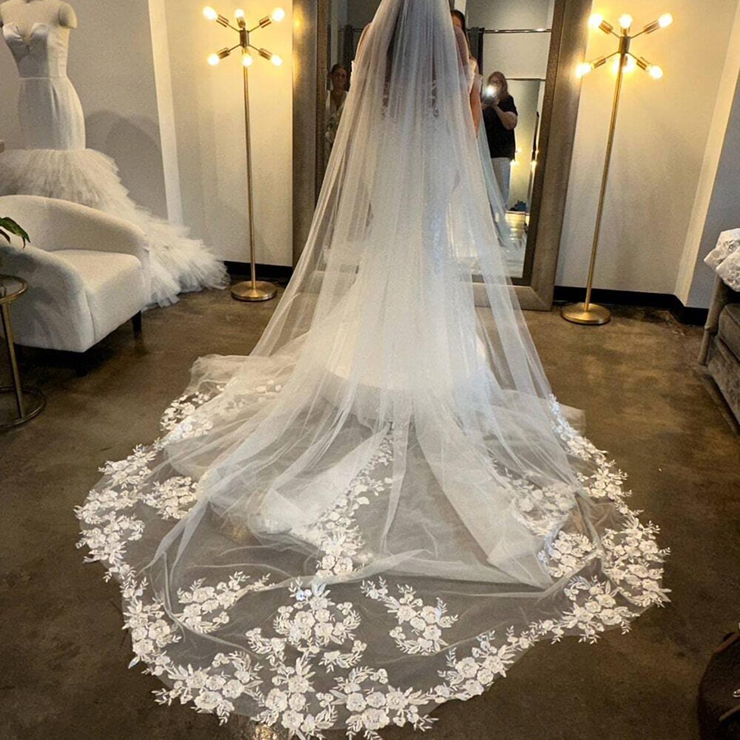 Wedding Veil Flower Lace Bridal Veil with Metal Comb,Cathedral Length Bride Veil 1 Tier Long Veil for Bride Dress
