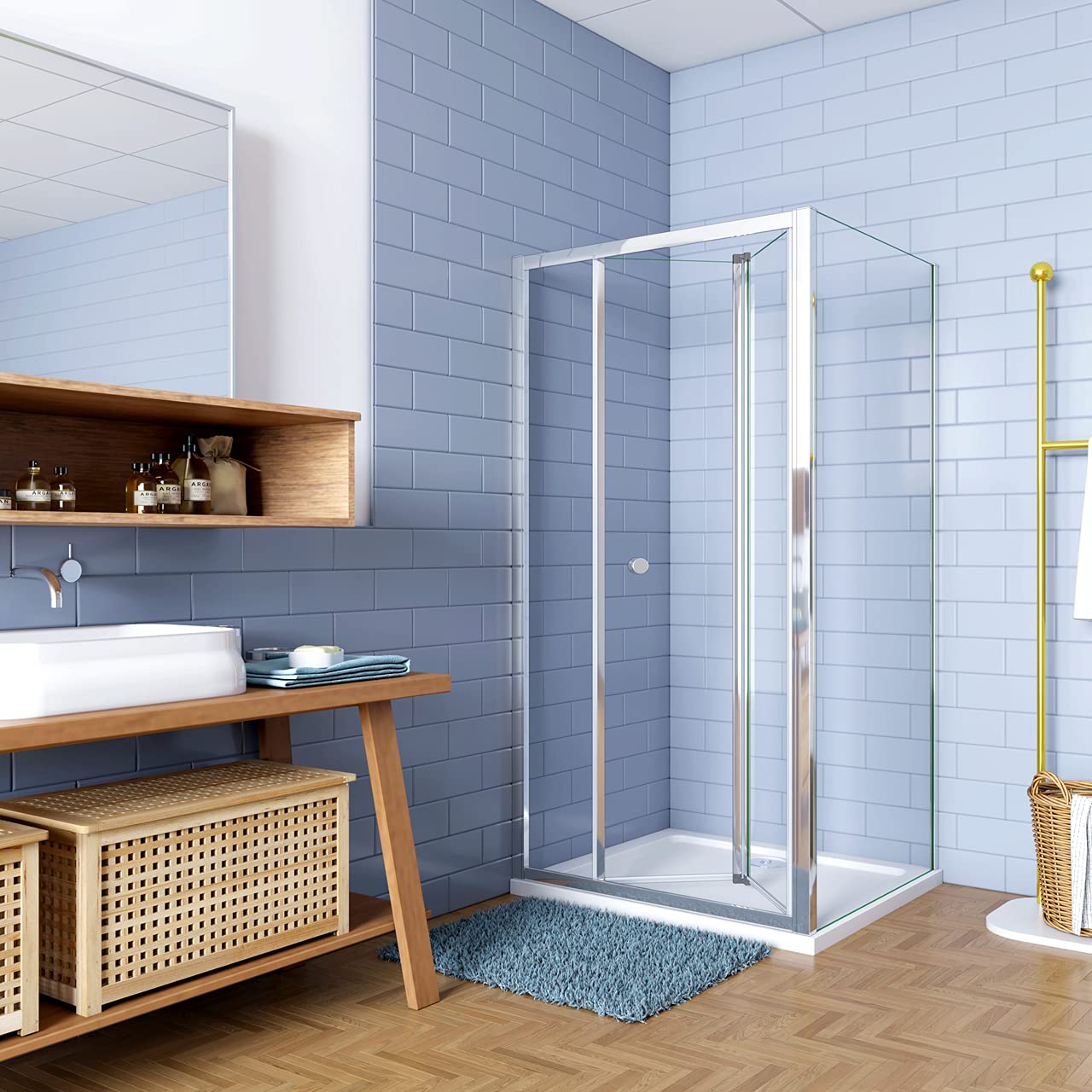 H.185cm Box Doccia Angolare 70x70cm Porta a Soffietto vetro 5mm Profilo