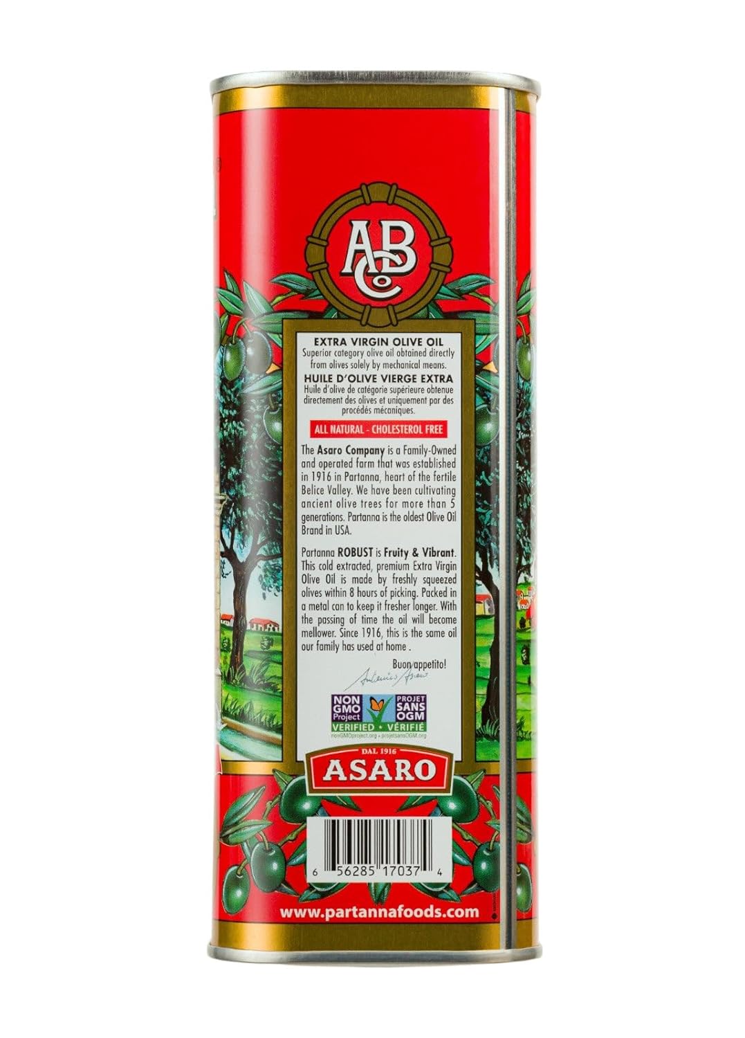 Partanna Robust Extra Virgin Olive Oil - Premium 100% Castelvetrano Oil-High Polyphenol-First Cold Pressed - Early Harvest in Sicily - Award Winning Italian EVOO -Monovarietal -33.8 fl oz (1 L) Tin