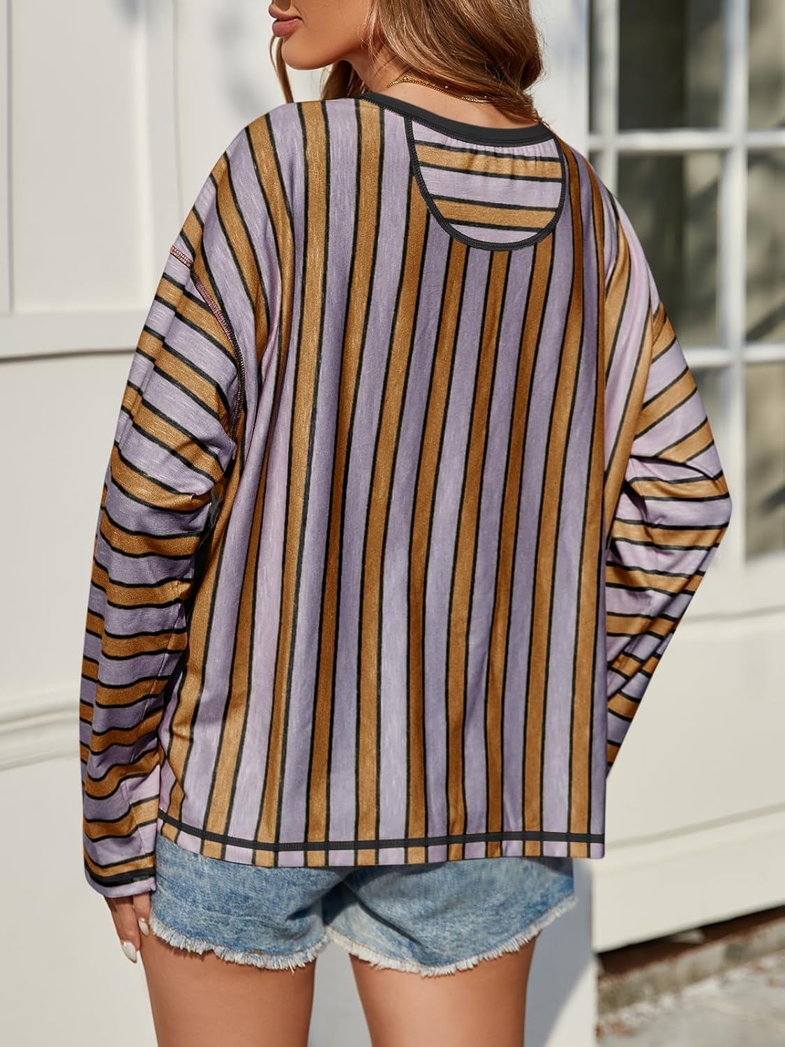 Tankaneo Womens Oversized Striped Shirts Color Block Crew Neck Sweatshirt Casual Loose Fit Long Sleeve Tops - Image 4