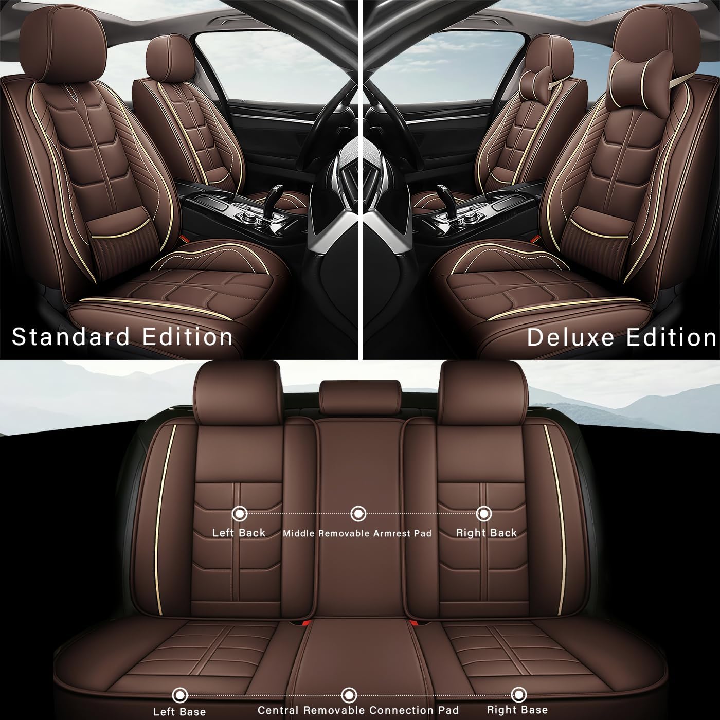 URINOVET Seat Cover for GMC Yukon XL 2000-2025 | 7-Seater Car Seat Protector | All-Weather | Heated & Cooled Seat Ready Full Set with Pillow Coffee