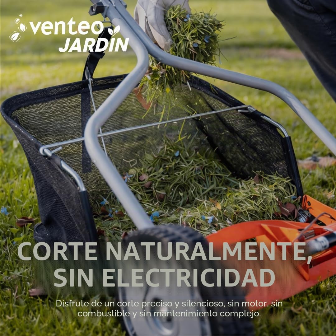 VENTEO - Juego de cortadora helicoidal manual de 4 cuchillas con bandeja | Cortadora manual de corte helicoidal sin electricidad | Cortacésped y bandeja de recogida extraíble | Mantenimiento de césped