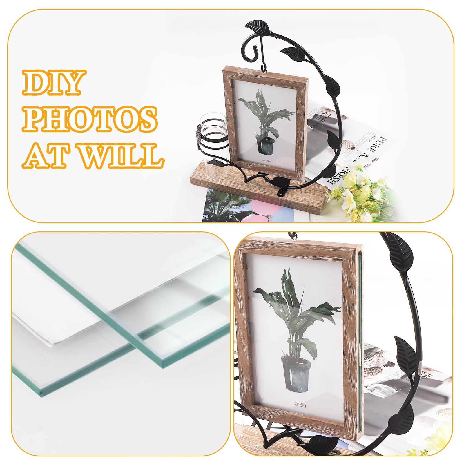 Cadre Photo Double En Bois Et Métal - Pour 4 Photos 10x15 Cm - Décor Feuilles - Style Vintage - Cadeau Noël, Mariage