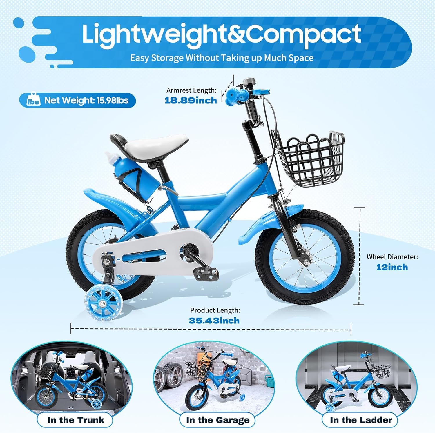 Bicicleta infantil de 12 pulgadas azul con ruedas estabilizadoras, altura ajustable para niños de 2 a 5 años con cesta, soporte de agua y freno doble para niños y niñas