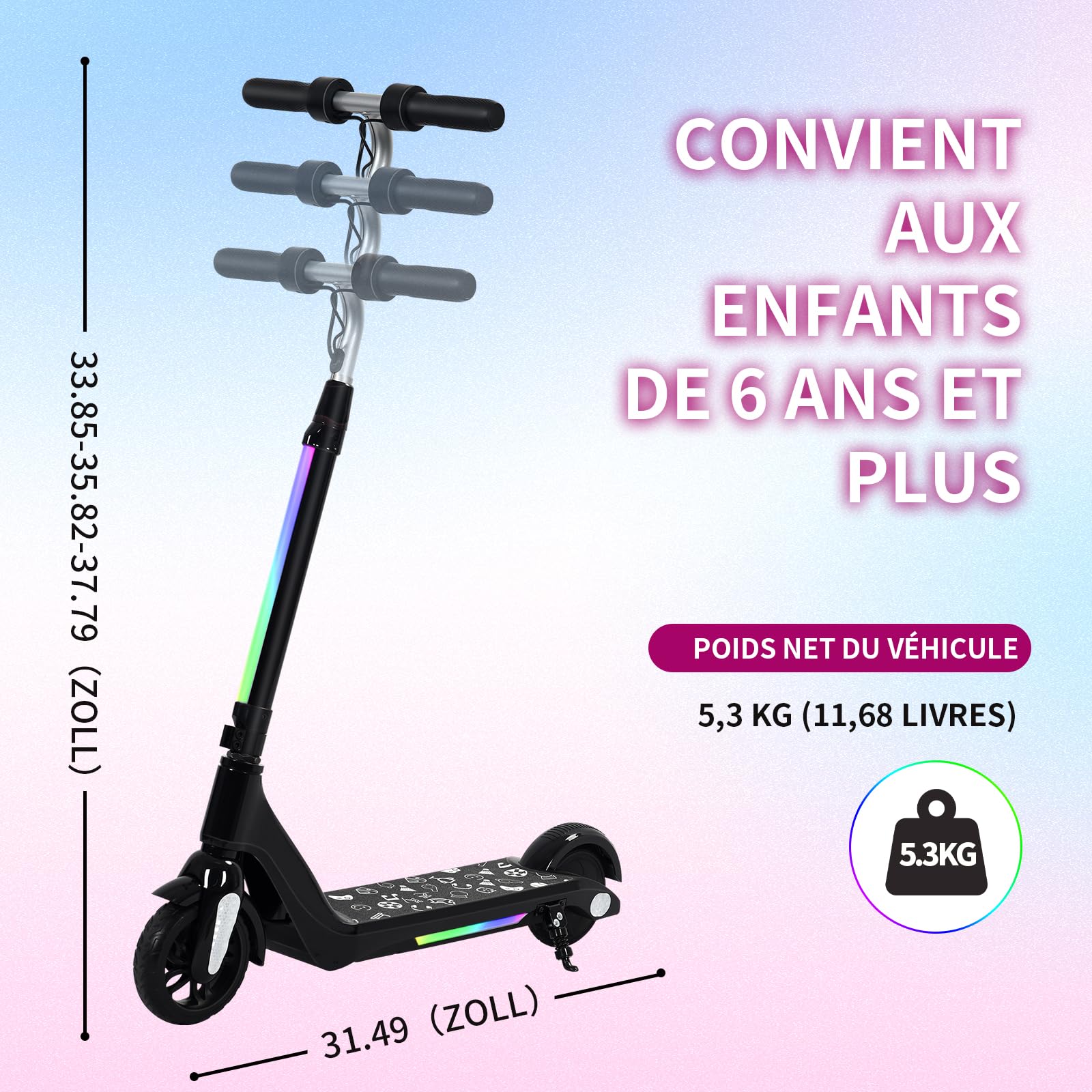 Trottinette Electrique Enfant 6 a 12 Ans, Lumières Arc-en-Ciel Colorées, Charge Max 50 Kg,Autonomie de 8 km, Affichage LED, Vitesse et Hauteur Réglables, Trottinette Electrique pour Enfants