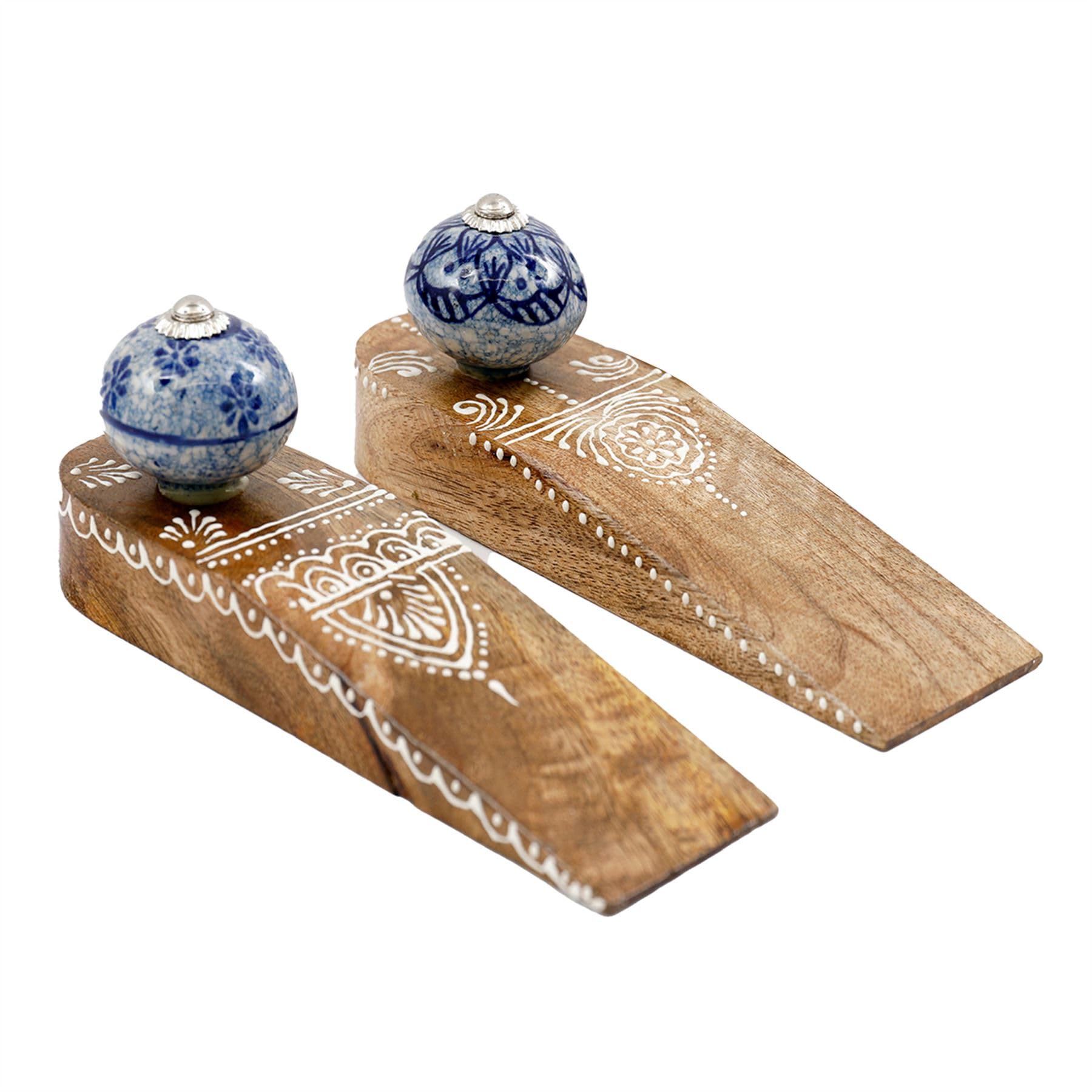 Set of 2 Traditional Wooden Door Stop Wedges, Mango Wood Decorative Door Stopper Wedges, Wood & Blue Ceramic Floor Doorstops