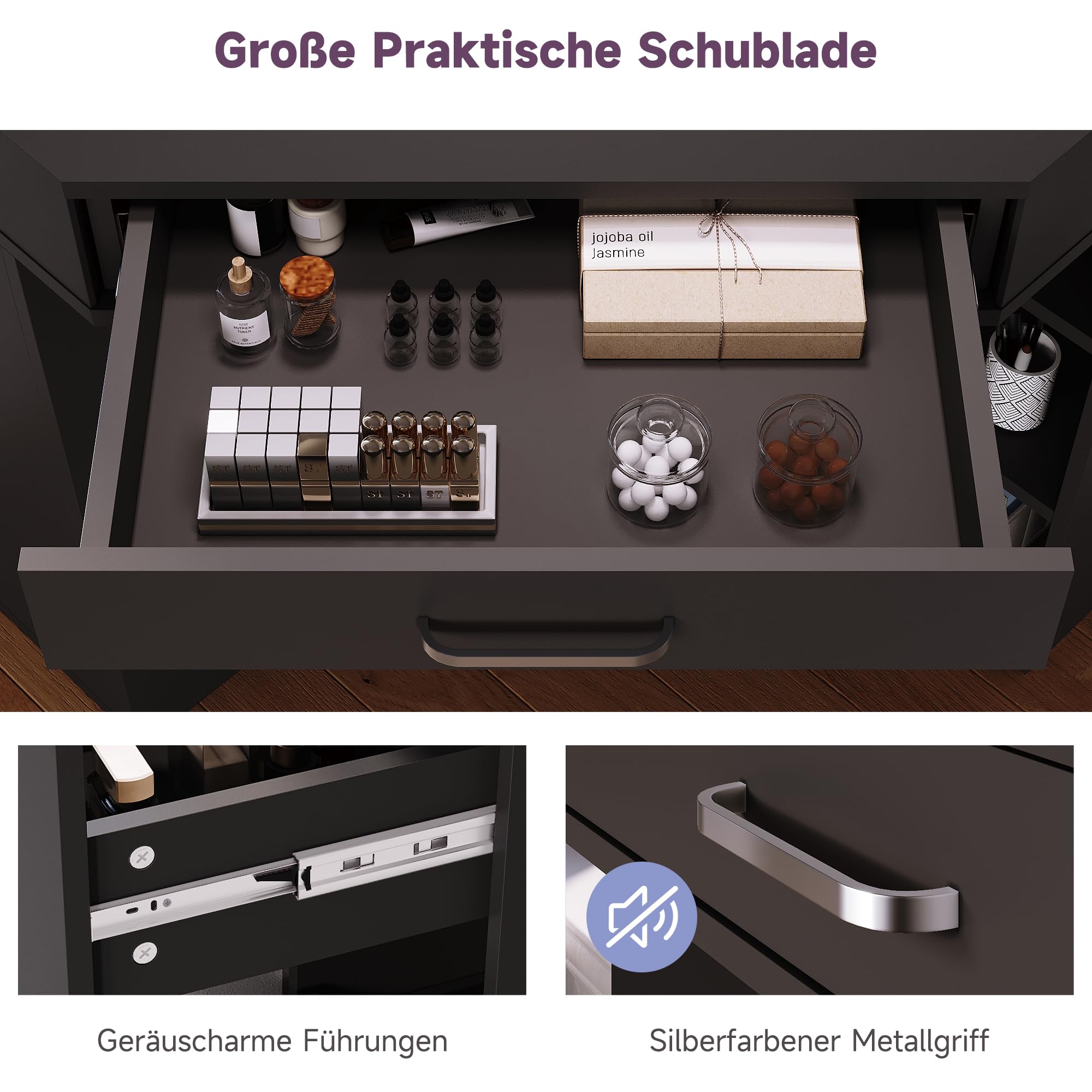 SONNI Eck Schminktisch mit Dreifachspiegel & 3-Farben LED Beleuchtung, 110x54x141.5cm, Kosmetiktisch mit Schubladen, Auszugsschrank, Regale, 3 Offene Fächer, Frisiertisch für Schlafzimmer, Schwarz