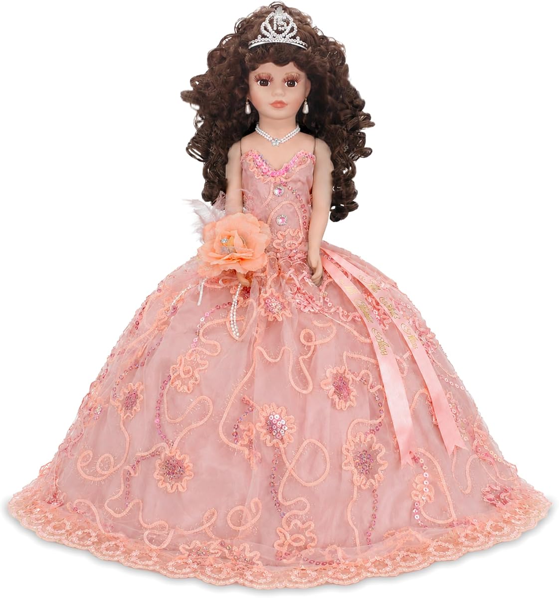 18” Quinceañera Last Doll with Umbrella Dress Stand – Última Muñeca Mis Quince Años Keepsake, Traditional Hispanic Mis 15 Doll, Ceremony & Table Centerpiece, Fully Accessorized KK18725-29 (Blush)