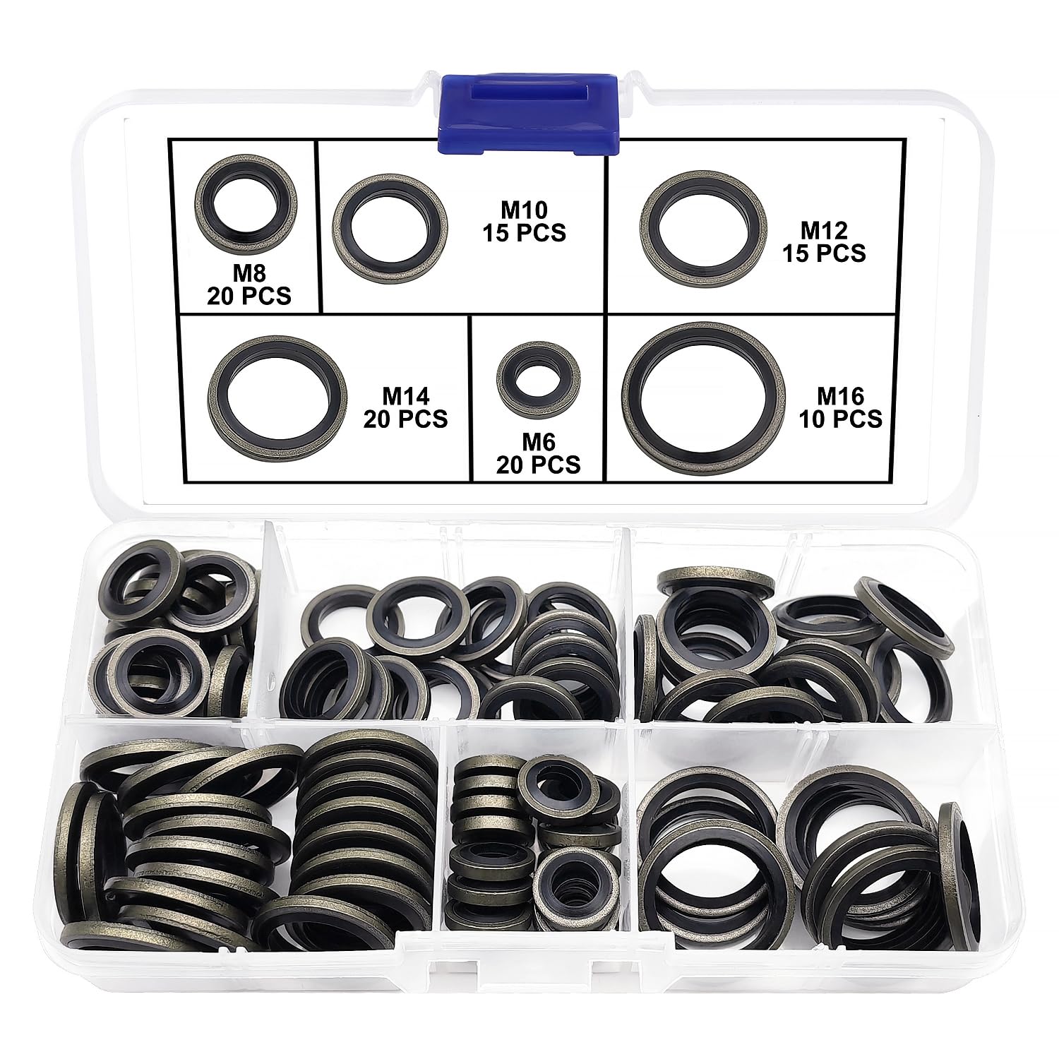 YIXISI 100 PCS 6 Sizes M6 / M8 / M10 / M12 / M14 / M16 Bonded Seal Oil Washers Kit, Metal Rubber Sealing Oil Ring, for Central Hydraulics Power Steering