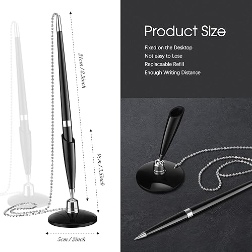 Miniatura 2 de Zonon 24 unidades de bolígrafo seguro con cadena de seguridad para bolígrafo, contador con cadena adhesiva y base, tinta negra para recepción,