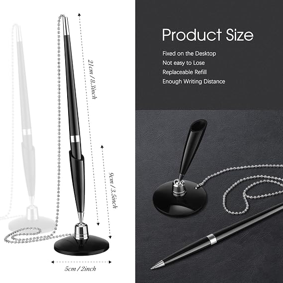 Zonon 6 Pieces Secure Pen with Chain for Counter Desk, Black Ink Holder