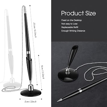 Zonon 6 Pieces Secure Pen with Chain for Counter Desk, Black Ink Holder
