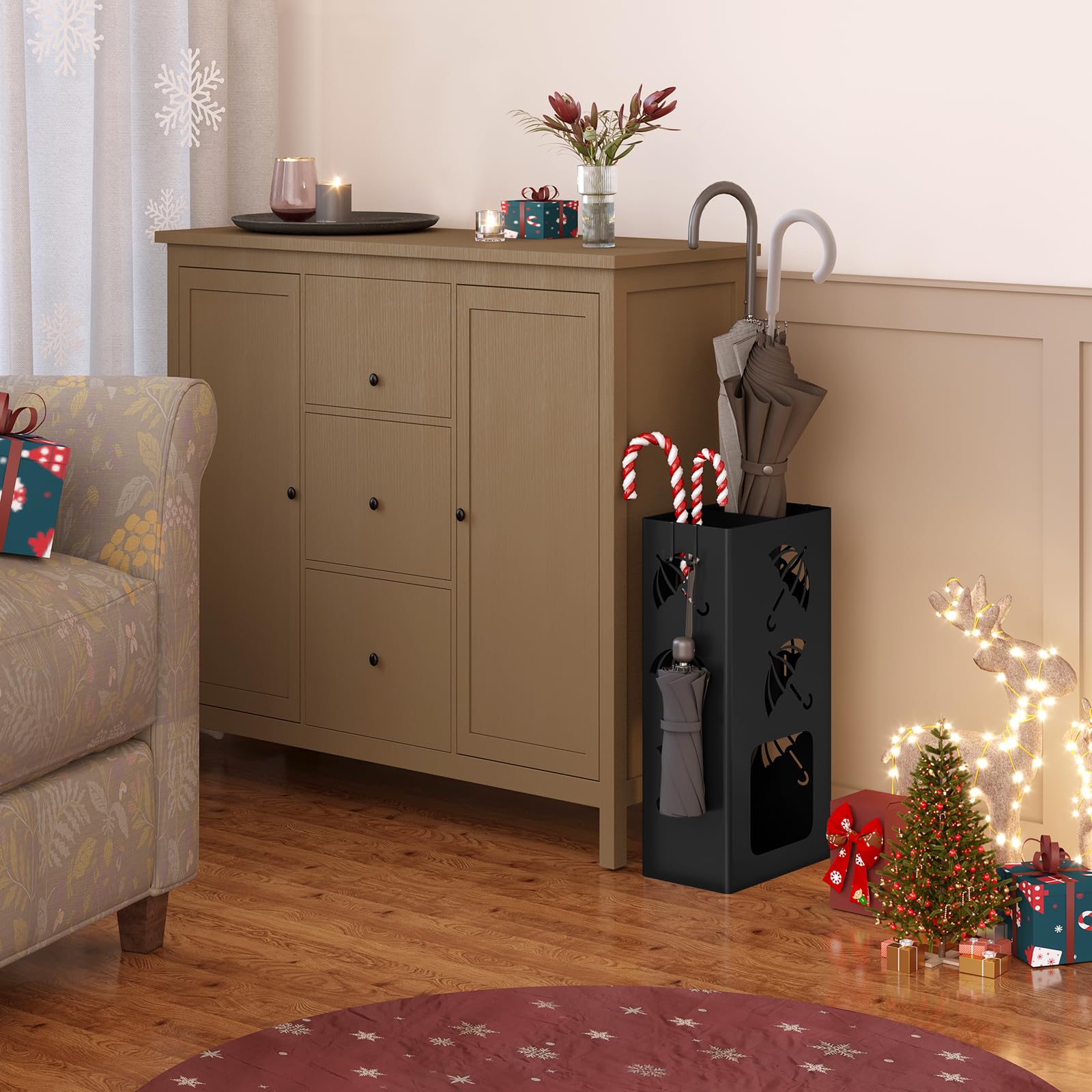 WOLTU Portaombrelli con 4 Ganci e 2 Aree Separate, in Metallo Antiruggine, con Design a Conca, per Corridoio, Ingresso, Nero