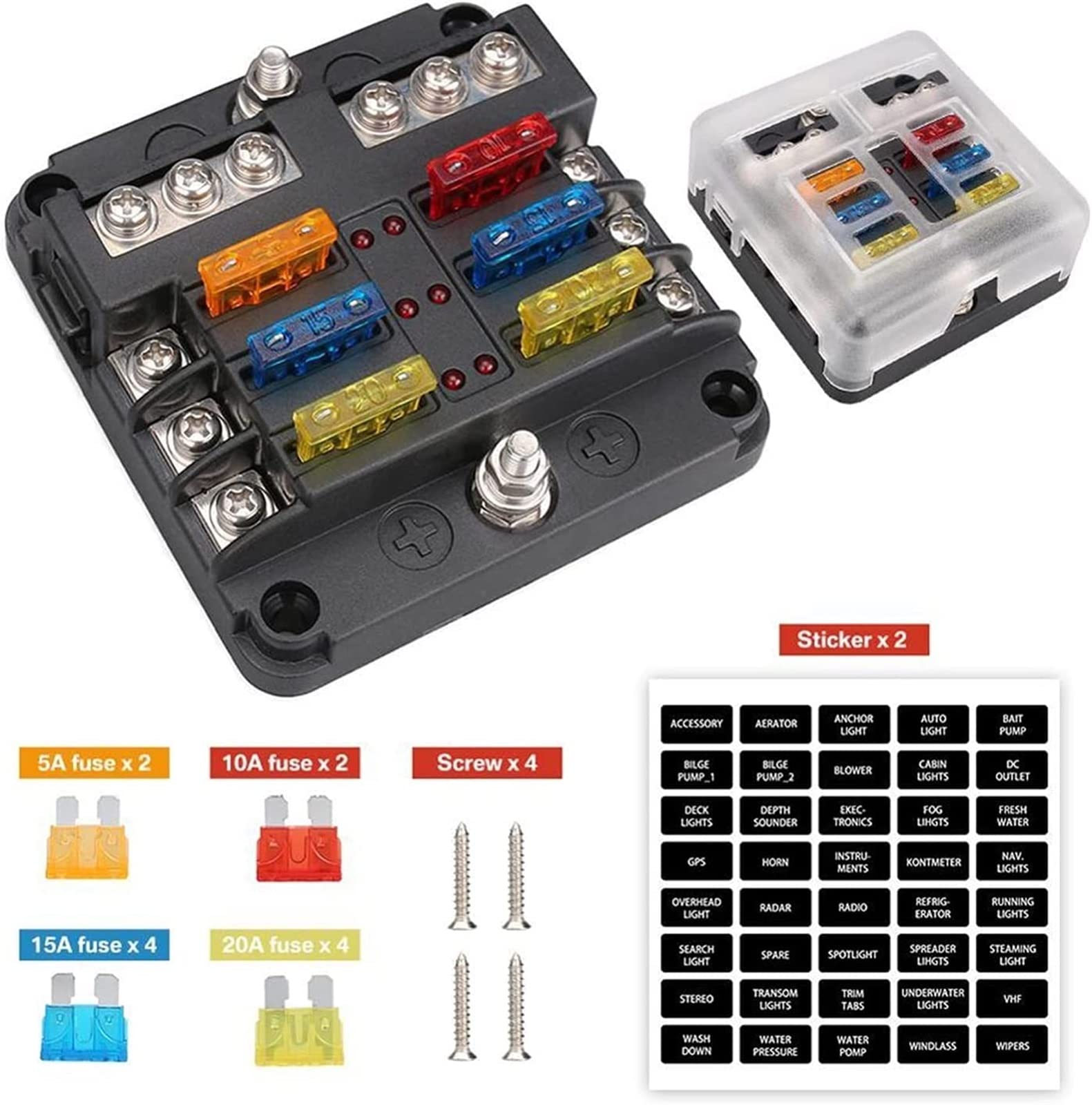 Scatola dei fusibili 6 12 vie, portafusibili, 1 copertura in plastica da 2 V, 32 V, con indicatore LED, protezione della luce per barche da auto (6 vie)