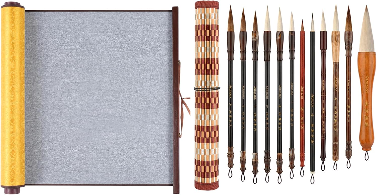 Reusable Calligraphy Cloth,12 Pieces Chinese Calligraphy Brush Set - Premium Painting Writing Watercolor Sumi Brushes Set Kanji Japanese Drawing Art Brushes with Roll-up Brush Holder