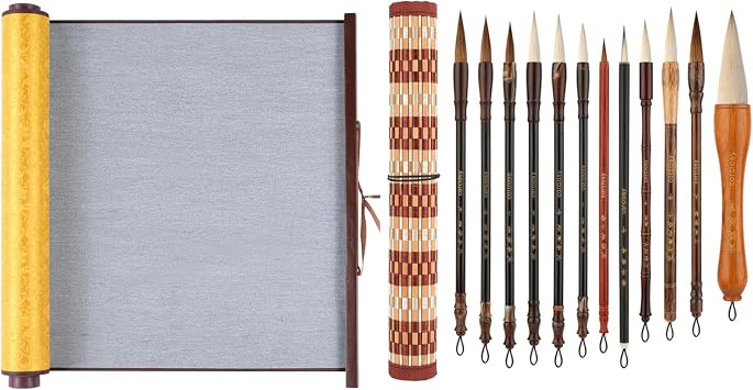 Reusable Calligraphy Cloth,12 Pieces Chinese Calligraphy Brush Set - Premium Painting Writing Watercolor Sumi Brushes Set Kanji Japanese Drawing Art Brushes with Roll-up Brush Holder