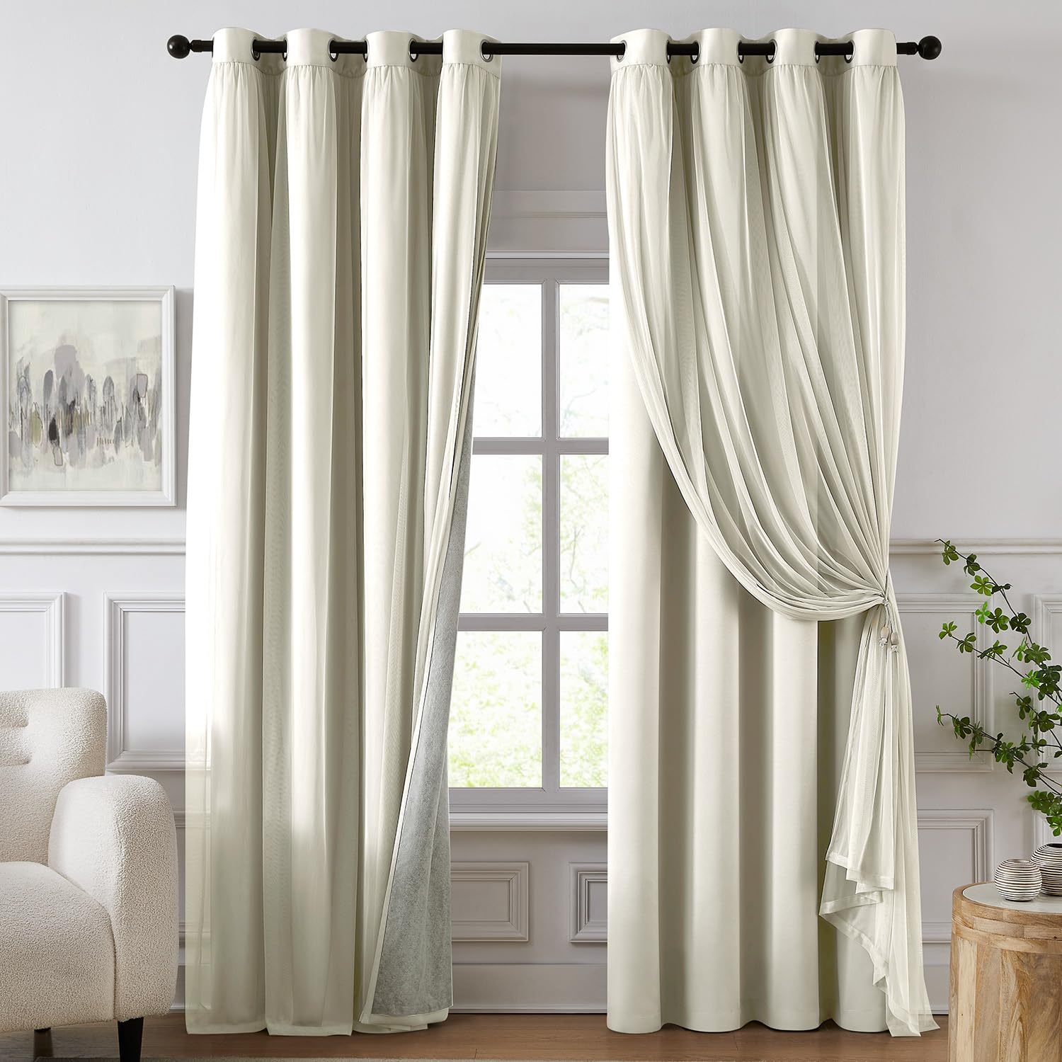 100% Blackout Curtains for Bedroom, Double Layer Ivory 96" L