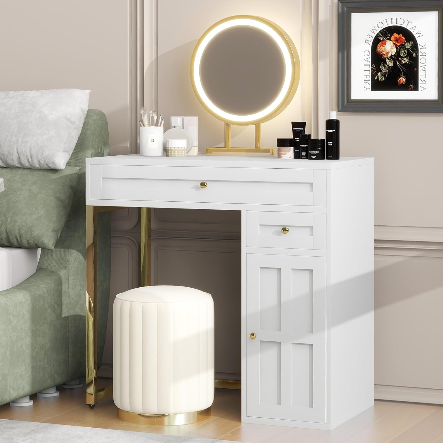 Transform Your Space with 31.5'' Makeup Vanity Desk, Lighted Mirror, Elegant White-Gold Design, 2 Drawers, Adjustable Lighting