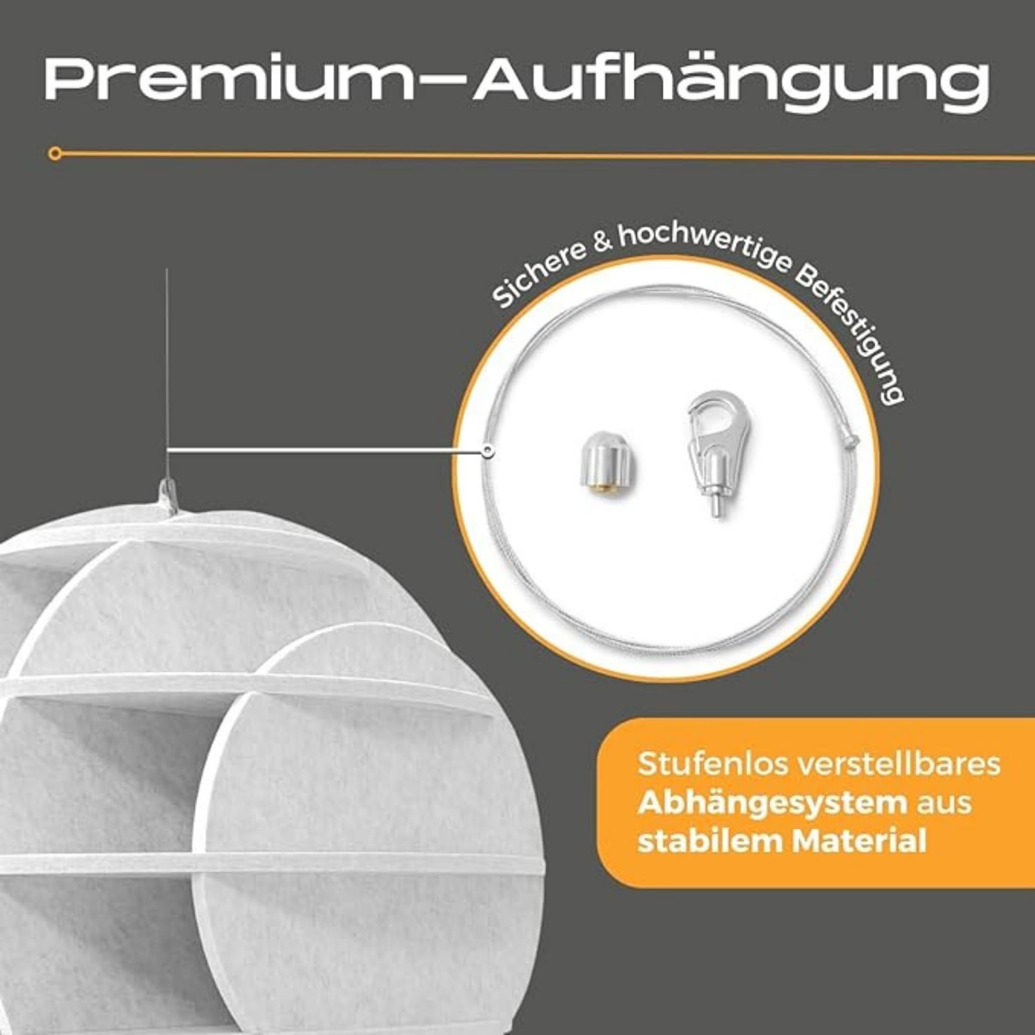 platino24 SATELLITE Akustikobjekt Kugel für die Decke – 40cm – Lichtgrau | Schalldämmung – Verbesserung der Raumakustik – 40cm Durchmesser – langlebig, extrem robust – 10-tlg. Steck-Set