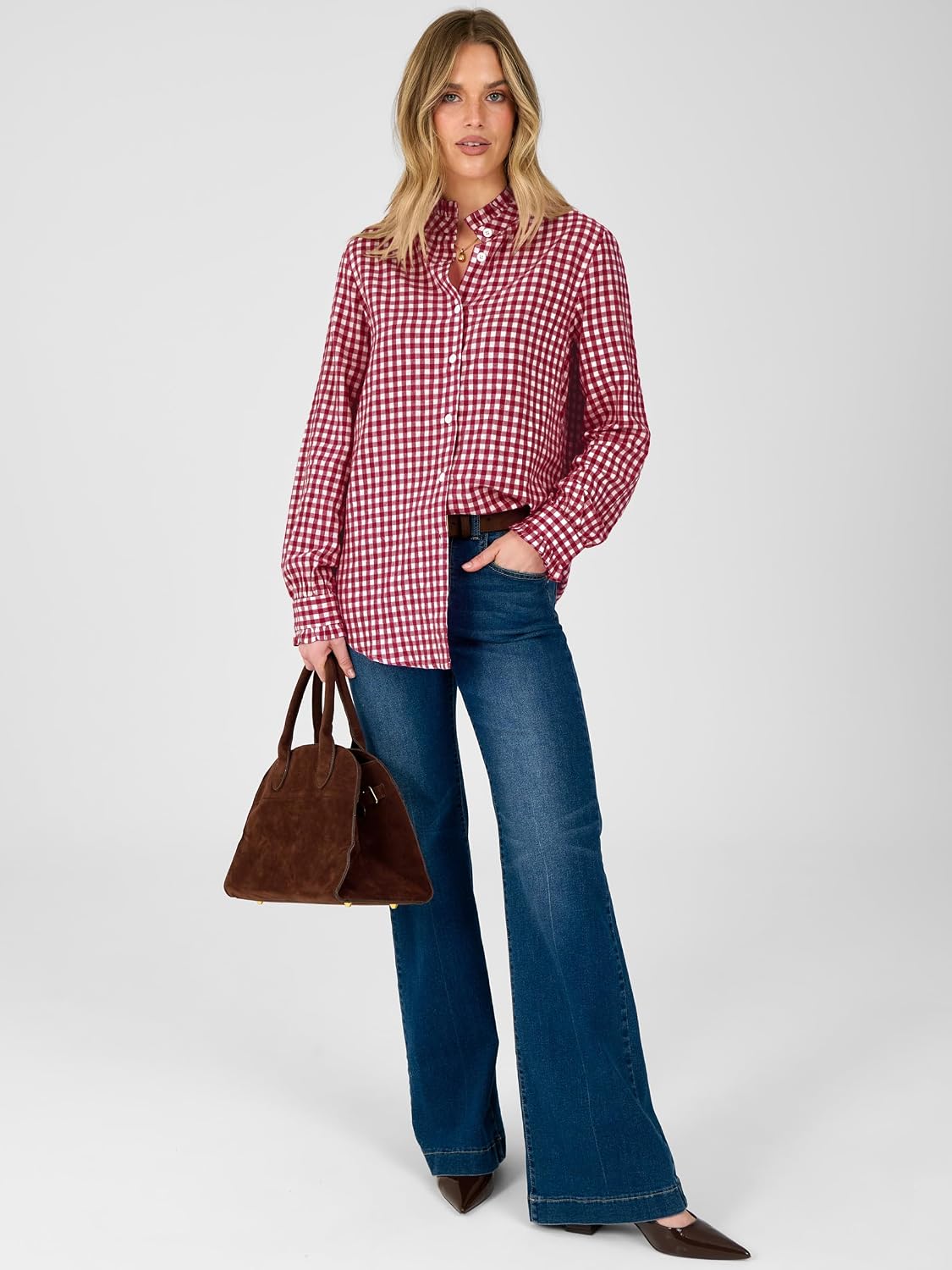 ANRABESS Women's Long Sleeve Button Down Shirts | Gingham & Striped Blouse, Ruffle Collared, Business Casual Outfits, Work Office Top, Ladies Clothes, Fall Spring Layering