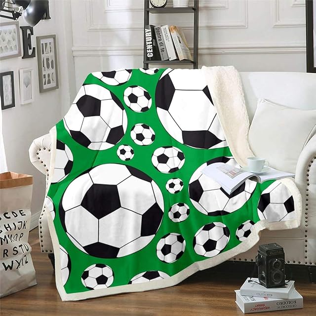 Boys Football Printed Sherpa Throw Blanket Sports Theme Fleece Blanket Black White Soccer Ball Pattern Warm Plush Blanket for Sofa Couch Microfiber Green Competitive Games Fuzzy Blanket Single 50"x60"