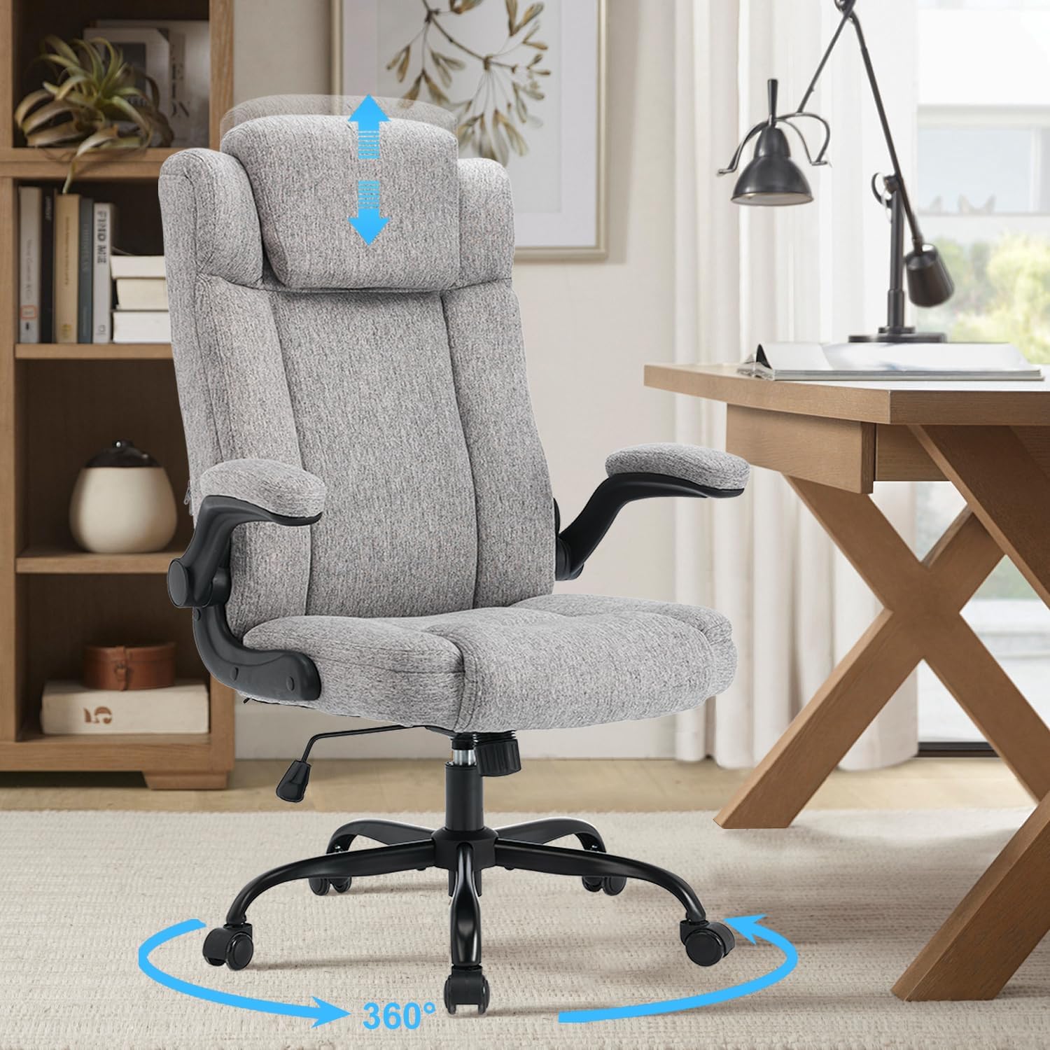 High Back Executive Office Chair, Comfy Fabric Desk Chair with Adjustable Headrest, Big and Tall Office Chair,Computer Task Chair with Flip-up Armrests,120° Tilt Rock Function,Lumbar Support