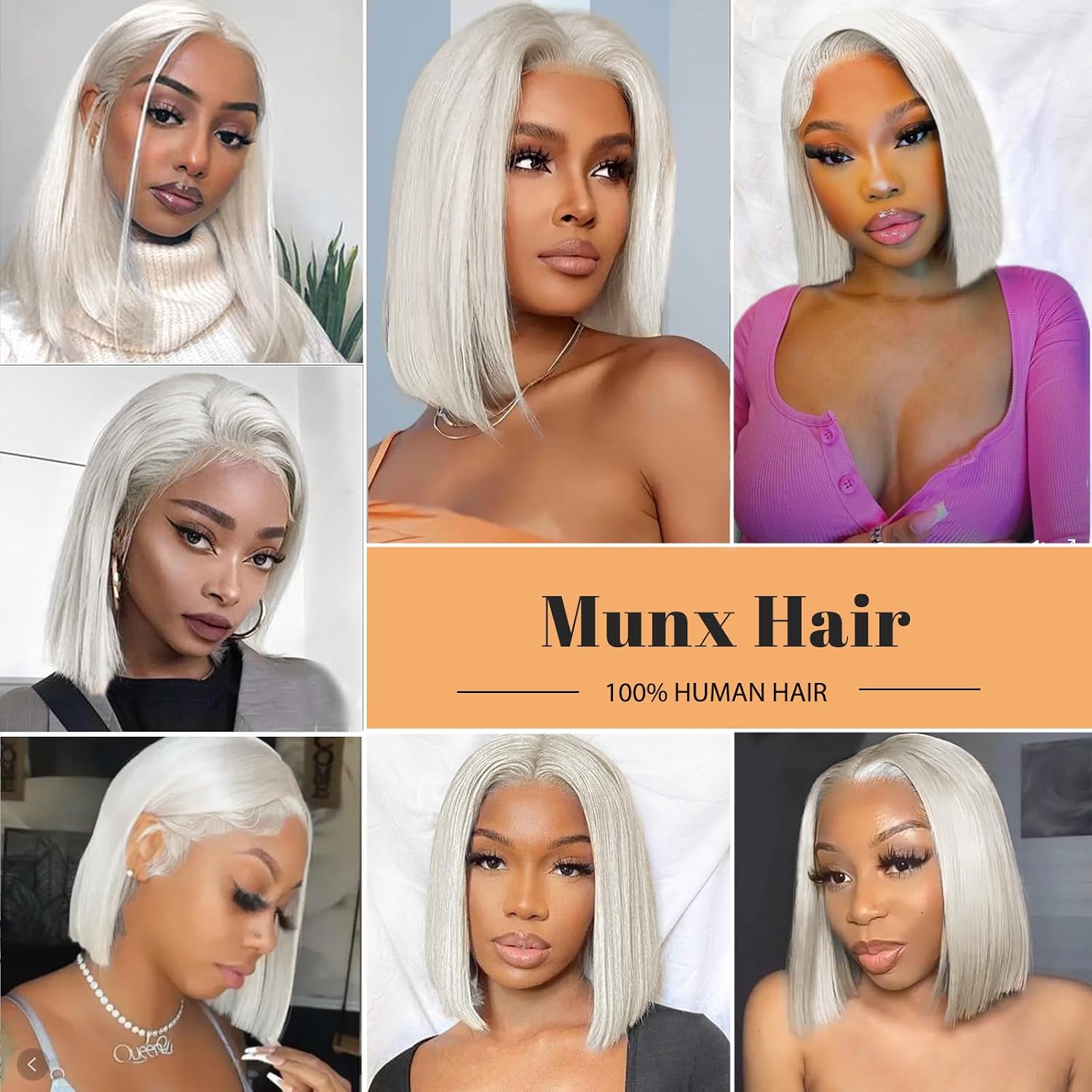 Munx Glueless Wigs Platinum Blonde Bob Wig Human Hair, Gray White 13x6 Ash Blonde Human Hair Wig for Black and White Women Pre Plucked Bleached Knots HD Transparent Lace Frontal Wigs 12in