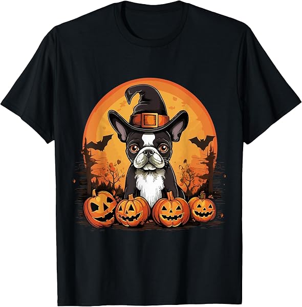 Boston Terrier Bostie Dog Breed Pet Halloween Pumpkins T-Shirt