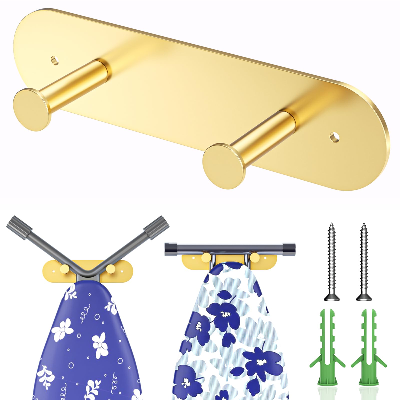 LOXSUN Ironing Board Hanger Wall Mount, Ironing Board Holder with Removable Hooks, Laundry Rooms Iron Boards Hook for Wall for Y or T Leg