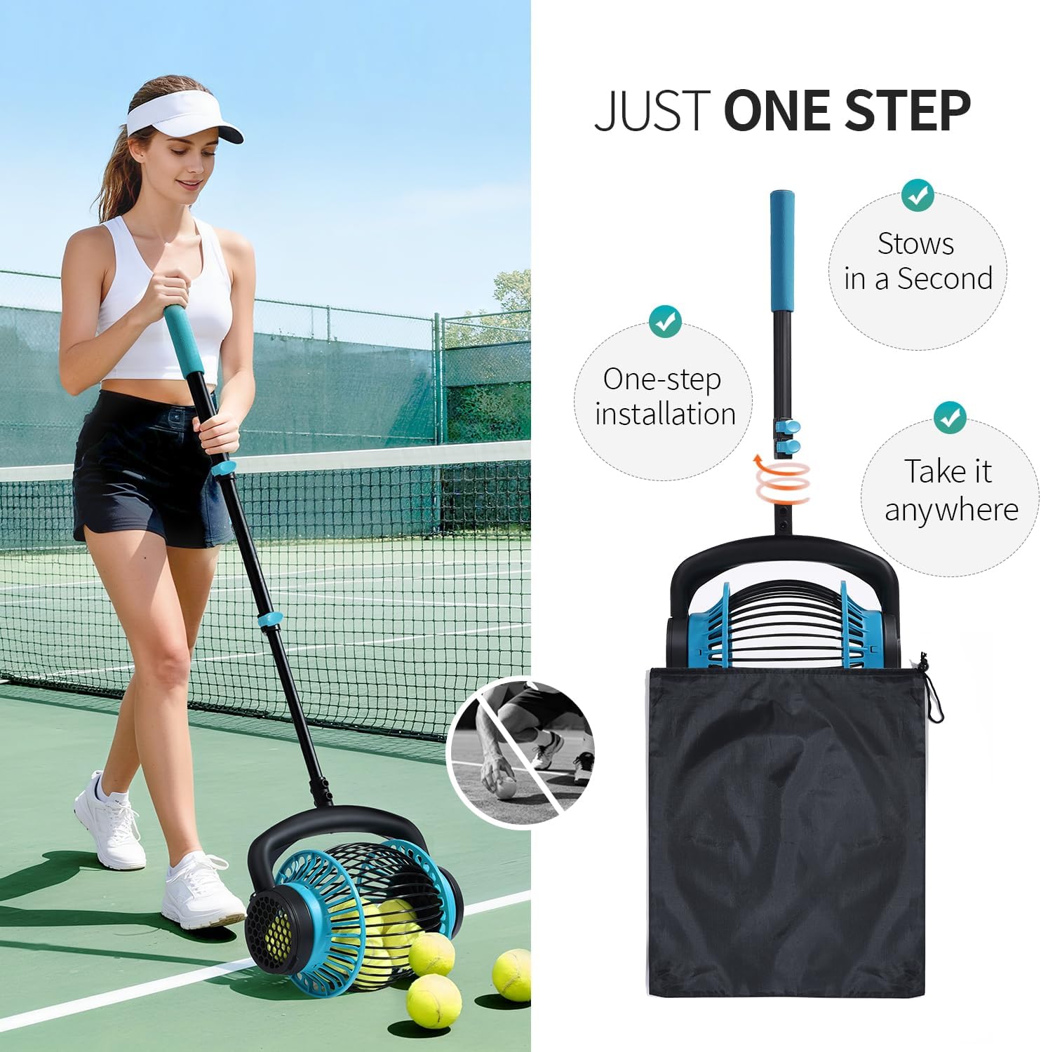 Tennis Ball Hopper Roller, Portable Tennis Ball Collector, No-Bend Tennis Hopper, Quick-Rolling Tennis Ball Picker Upper, 26-51" Telescopic Golf Ball Retriever