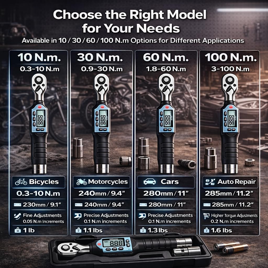 GOYOJO 3/8 Inch Digital Torque Wrench, 1.3–44 ft-lbs/1.8–60 N.m High-Precision Professional Tool for Auto Repair, Bicycle, Motorcycle Maintenance DIY Projects ±2% High Accuracy LED Flash Notification