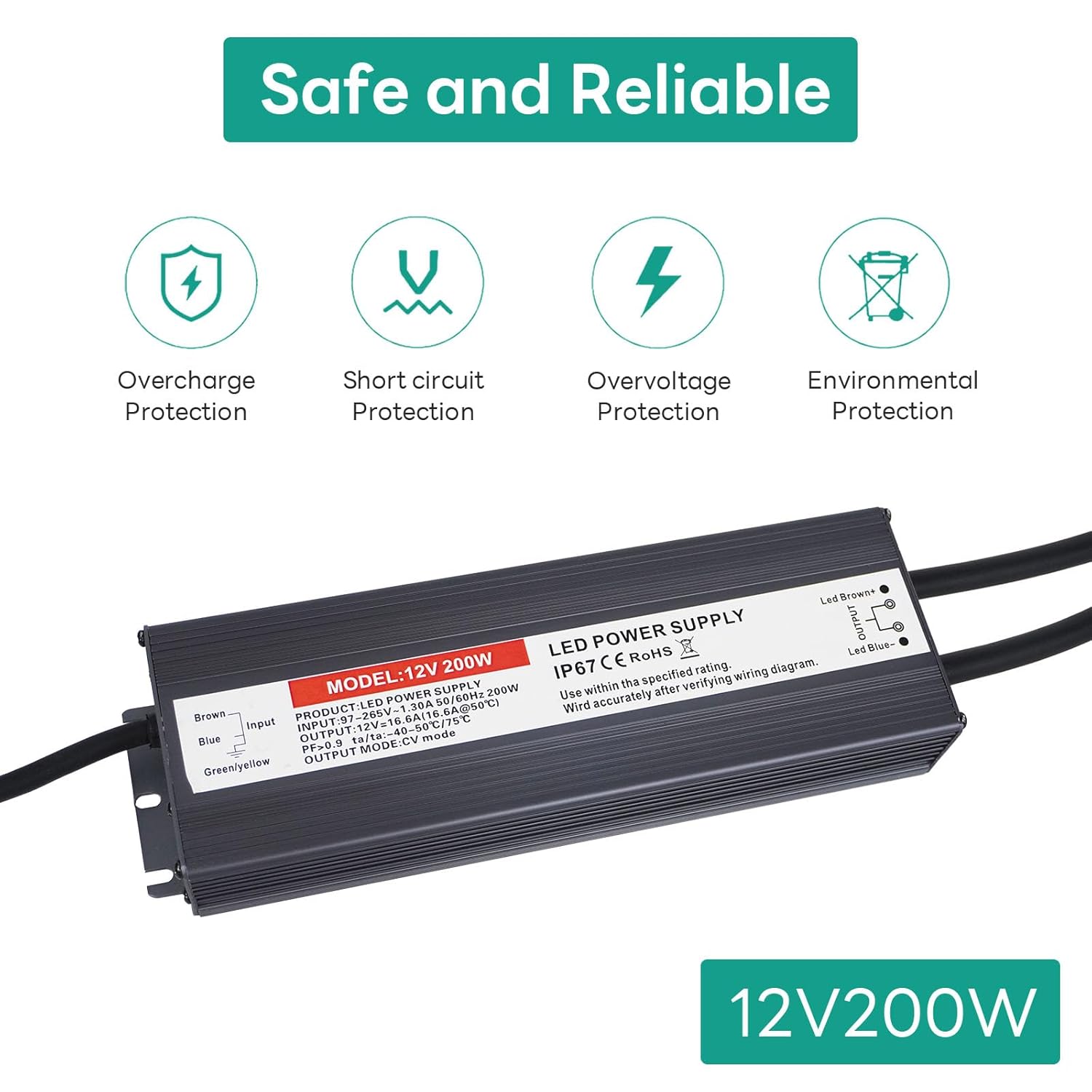 LED Driver 200 Watts, IP67 Waterproof Power Supply, Low Voltage Electronic Transformer, 97V-265V AC to 12V DC, 12V Constant Voltage LED Power Supply for LED Light Strip