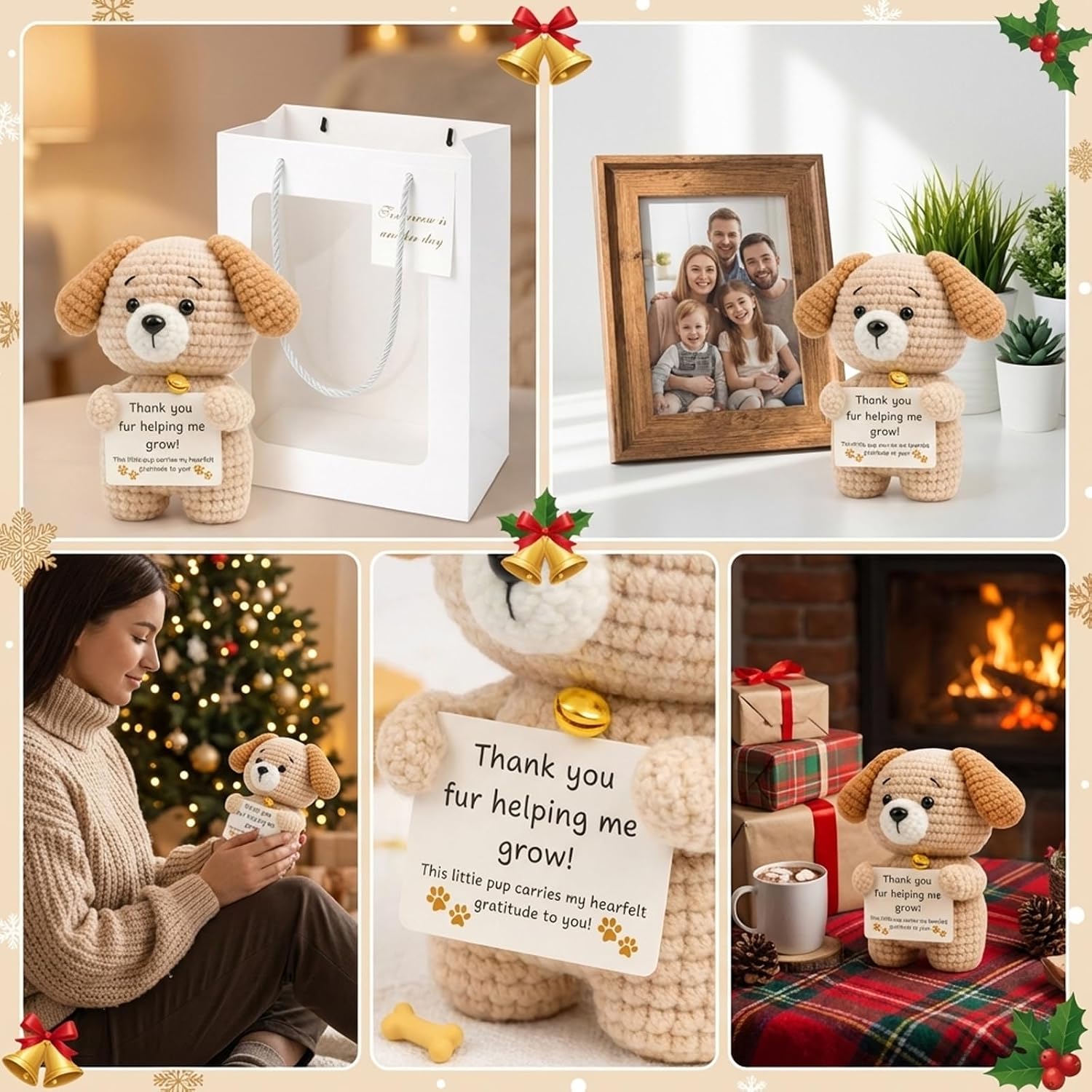 Teacher Appreciation Gifts, Teacher Gifts Crochet Puppy with Emotional Support, Thank You for Helping Me Grow, Thank You Gift with White Gift Bag for Teachers and Mentors