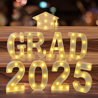 Graduation Party Decorations Class of 2025, Grad Letter Cap 2025 LED Sign Lights Battery Powered, Light Up Hanging Table Décor for Kindergarten Preschool 8th Grade High School College