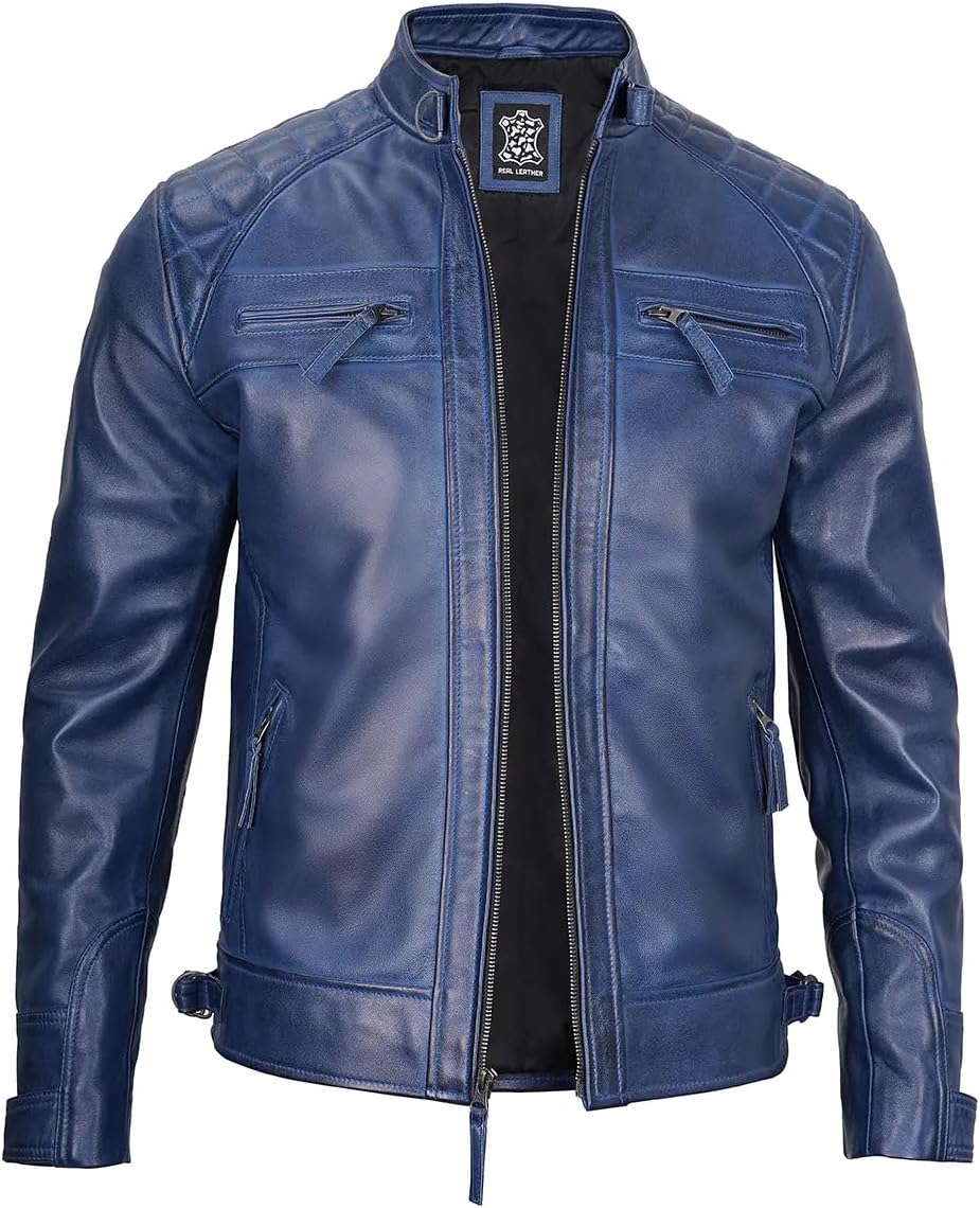 JACKETHUB Men's Genuine Lambskin Leather Biker Jacket | Premium Vintage Café Racer Motorcycle Jacket | Motorcycle Jacket