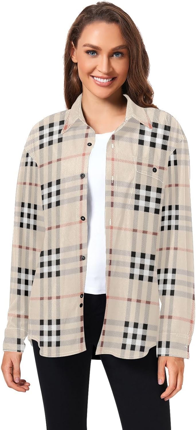 Black White Beige Checkered Plaid Woolen Cord Fabric Mens Rugby Shirts Long Sleeve for Women Business with Pockets