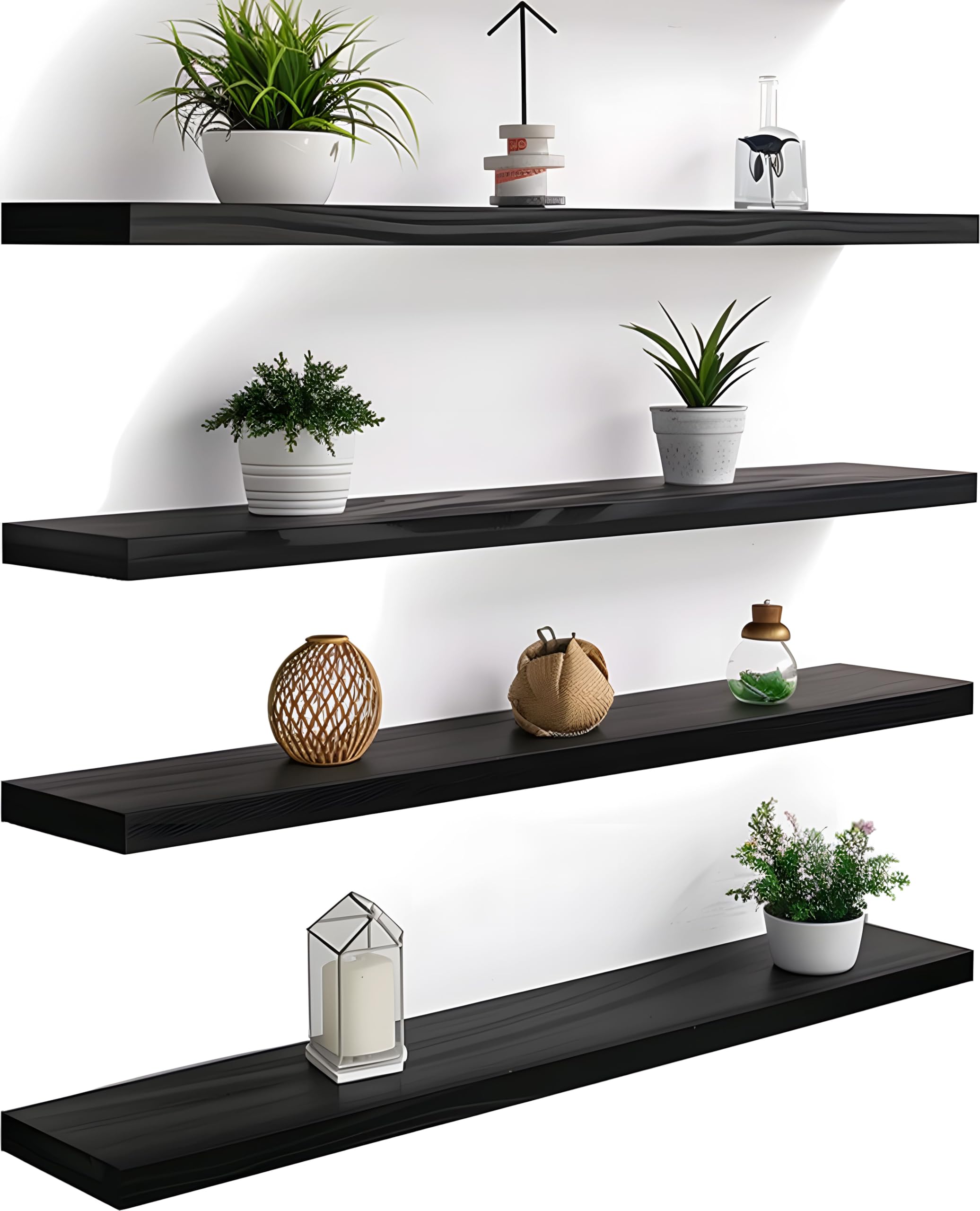 View 1 of **MISSING SOME HARDWARE**YYWUOJJ Wood Floating Shelves for Wall Decor, Rustic Wall Shelves for Bedroom Bathroom Kitchen Living Room, Set of 4 Black 36 Inch