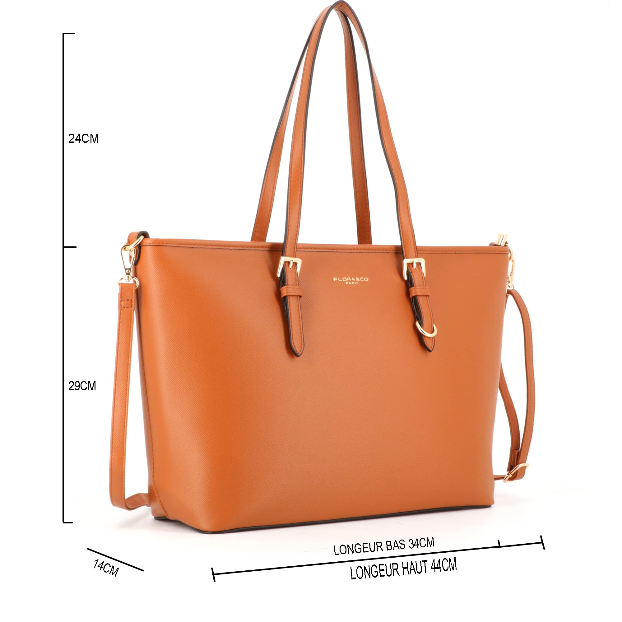 flora & co - Grand Sac à Main Femme Format A4 Similicuir Grainé - Sac Cabas Fourre-Tout Cours Lycée - Sac Shopping Taille XL Léger - Elégant Classique - CAMEL