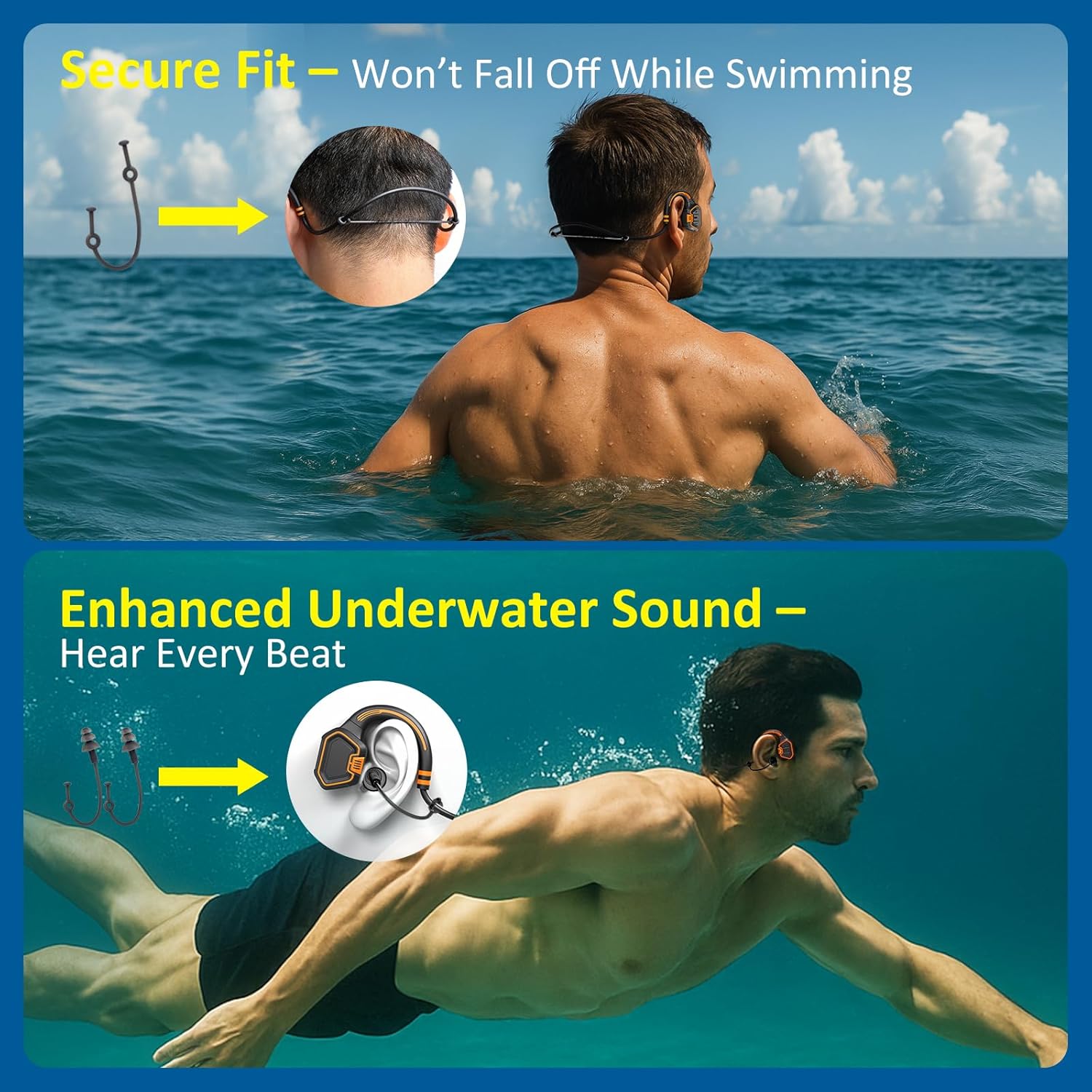 Bone Conduction Swimming Headphones – IP68 Waterproof Open-Ear Bluetooth 5.3 with 32GB MP3 Player, Underwater Swim Headset for Pool Training, Orange - Image 6