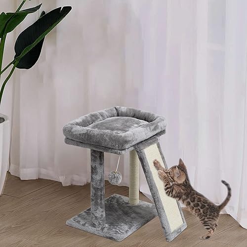 Miniatura 7 de SYANDLVY Poste rascador pequeño para gatos de interior, tabla de rascar para gatos, 2 bolas colgantes ideales para gatitos (gris claro)