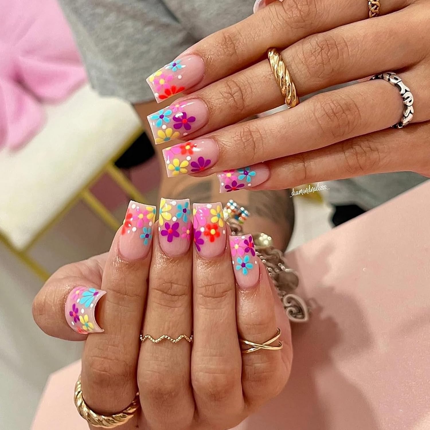 French Tip Press on Nails - Medium Square Floral Designs