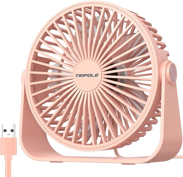TriPole USB Desk Fan, 3 Speeds Strong Airflow Table Fan, 360°Rotation Mini Personal Fan, 5.5 Inches Portable Fan for Desktop Office Home Bedroom Car Outdoor Camping, Pink