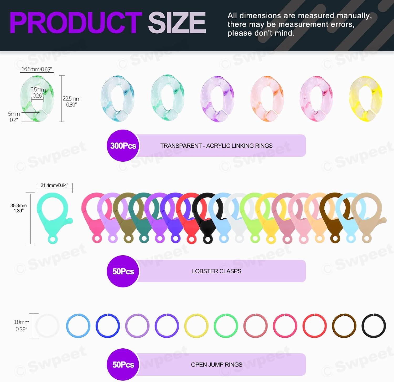 Swpeet 400Pcs 0.89 Inch Mixed Colors Transparent Acrylic Linking Rings Quick Link Connectors with Multicolor Hard Plastic Clips Plastic Lobster Claw Clasps and Open Jump Rings for DIY Craft